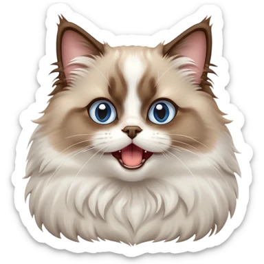 cinematic-adorable-big-eyed-fluffy-brown and white ragdoll-cat-portrait-emoji,-head-tilted-playfully-with-a-cute,-yawn,-soft-brown-and white-colored-fur-with-darker-points-on-the-ears,-simplified-yet-irresistibly-cute-features, sparkling blue eyes sticker
