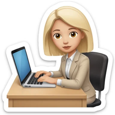 a lady who is really focused on her work, sitting at her desk with a keyboard and a laptop on the desk sticker