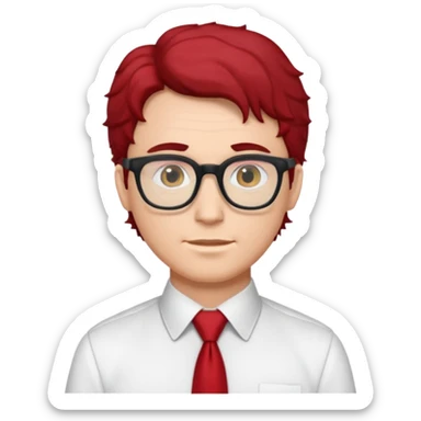 white man in white shirt, having red tie, black wavy hair, wearing glasses sticker