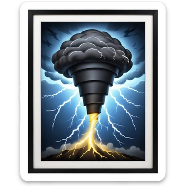 A Discord emoji of a dark, stylized tornado with lightning bolts inside a black circular frame. High contrast, aggressive lines, white background. sticker