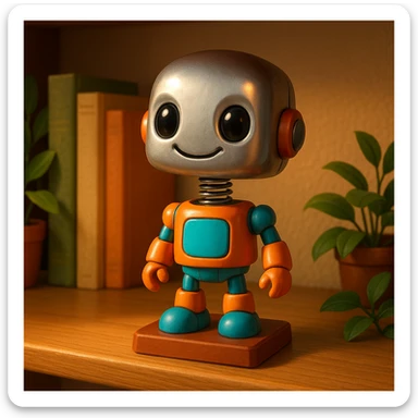 a robot bobblehead, metallic, friendly face, spring neck sticker