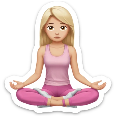 Create a young woman with long blonde hair, golden eyes, and medium-light skin tone, wearing a light pink tank top and leggings. She should be sitting cross-legged in a calm pose, but with a subtle doubting or skeptical facial expression—slightly raised eyebrow, small frown, or pursed lips.  sticker