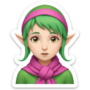 An elf girl with green hair, brown eyes, and a pink scarf who appears to be extremely stressed. sticker
