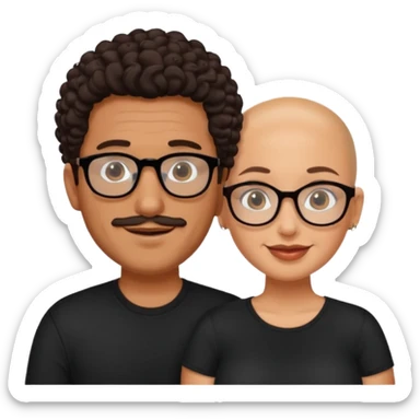 A picture of a happy tanned couple. the man is a Mexican man with tanned skin, a bald hair cut, short beard and wearing a black shirt. the woman is wearing glasses, with long curly dark brown hair and with big boobs  sticker