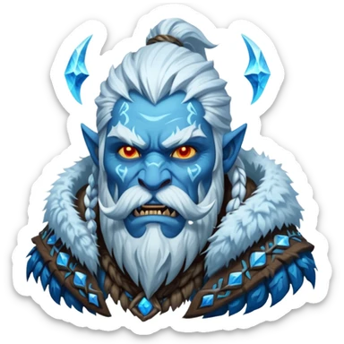Legendary fantasy orc Christmas portrait icon, Frostfather and Snow Maiden inspired, primal winter god style, massive icy beard, glowing blue eyes, heavy fur coat, tribal frost runes, powerful brutal presence, blizzard atmosphere, clean stylized emoji icon
 sticker