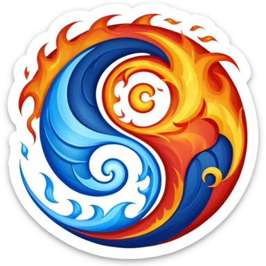 The fire and water emojis are in the form of the yin-yan symbol in front of a completely black background. sticker