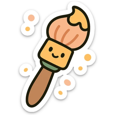 A cute and whimsical artist's paintbrush with a soft and cozy design, featuring a warm color palette: golden orange (FA9B41), deep forest green (4A7C5C), muted taupe brown (96775A), and pastel peach (FFCC9A). The brush has a delicate wooden handle in muted brown, with the bristles slightly fanned out, holding a touch of paint in shades of peach and orange. The tip of the brush is dipped in a soft golden hue, and tiny splashes of paint in the palette’s colors are gently scattered around. The overall mood is playful, artistic, and charming, evoking a sense of creativity and warmth. sticker