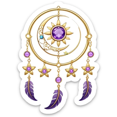 Epic beautiful gorgeous cute gold suncatcher, threads with shiny sparkly amethyst gemstones, flowers, crescents-moons, stars, gold-metal-Feathers  sticker