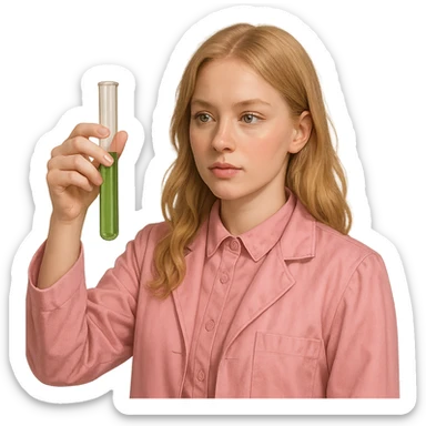 blonde girl with green-grey eyes, dressed in pink clothes, holding a test tube, chemist style sticker