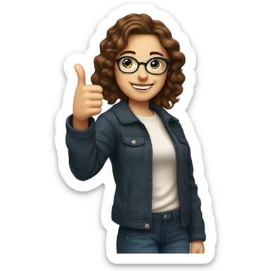 25 year old girl with brown wavy hair and a few light freckles, blue eyes, wearing round glasses, giving a thumbs up sticker