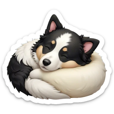 Cinematic Chubby Sleeping Border Collie Portrait Emoji, Chubby and serene, with a round, adorable build and a thick, plush black and white coat, eyes gently closed in peaceful slumber, Simplified yet irresistibly endearing features, highly detailed, glowing with a gentle, dreamy glow, high shine, relaxed and content, stylized with a touch of whimsy, bright and heartwarming, soft glowing outline, capturing the essence of a blissfully sleepy herder, so comically serene it feels like it could roll out of the screen and snore with adorable charm! sticker