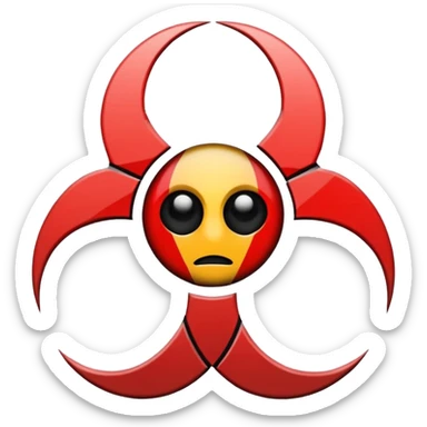 Minimalist emoji-style sticker of a fractured biohazard symbol with a small eye in the center. Stylized, geometric, no text.
 sticker