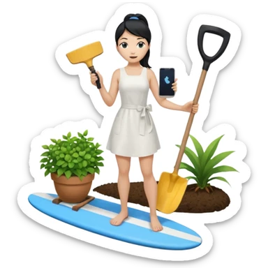 Princess who wearing white dress (woman) black ponytail hair holding her cellphone and  one garden shovel with another hand. She is standing on her feet, there is one blue surfing board under her feet. She is looking at her phone sticker