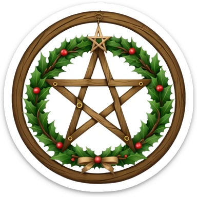 Christmas wreath with a wooden pentacle in the center sticker