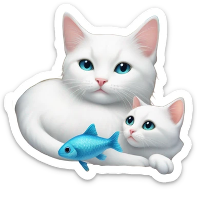 A white kitten snuggled up to a white cat. Both cats are surrounded by many colourful fish  sticker