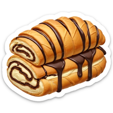  Chocolate-filled croissant roll, golden flaky pastry, chocolate drizzle on top, bite taken, white background, realistic food photo sticker