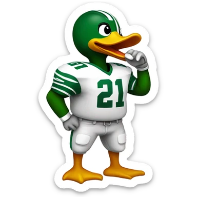 Duck wearing a football jersey with a field post sticker