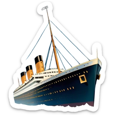Icon for Titanic Movie: A vintage movie poster-style design featuring a dramatic scene of the ship, the iceberg, and a romantic silhouette of the main couple. Include elements like the ship’s bow, water splashes, and a starry sky in the background. Retro cinematic feel. Transparent background. sticker