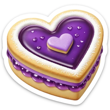 Realistic shortbread cookie in the shape of a heart with purple pastel jelly middle filling and sprinkled powder sugar on top. sticker