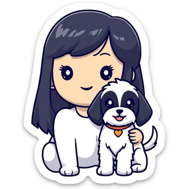 Girl with long black hair and bangs holding a white schnauzer dog sticker