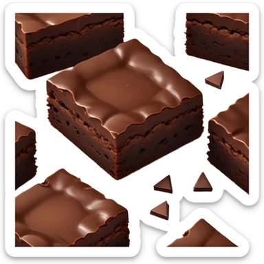 Cinematic Realistic Brownies, rich and dense with a deep chocolate hue, slightly cracked on top revealing the fudgy center, soft light reflecting off the warm surface, a few crumbs scattered around, glowing with an indulgent and comforting texture. sticker