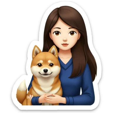 girl long dark brown hair with shiba inu outdoors sticker