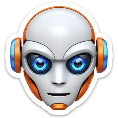"Cartoon-style robot head with glowing blue eyes, white shell, orange-tipped arms, and blue gradient background" sticker