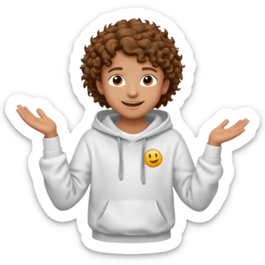 Make a kid with a white hoodie and curly hair shrugging while smiling and make a floating 6 on his left hand and a 7 on his right  sticker