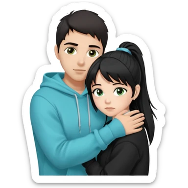 “A dark-haired Latino guy with brown eyes, wearing a black hoodie and a short fringe falling forward, is hugging a very pale, black-haired girl. Only her face is visible — she has greenish-blue eyes and a ponytail, with two strands of hair framing her cheeks.” sticker