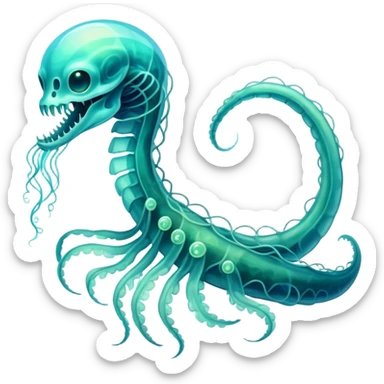 A phosphorescent deep-sea serpent with translucent scales that reveal its glowing skeleton, possessing both jellyfish-like tendrils and the ability to generate electrical pulses that illuminate the ocean depths. sticker