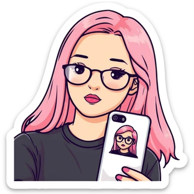 A teenage girl taking a selfie in a school bathroom. She has long, straight blonde and pink-dyed hair, wears rectangular glasses and a black shirt. Her expression is neutral with glossy lips sticker