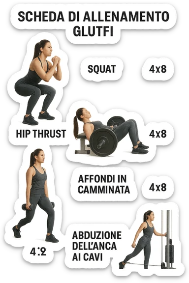 scheda di allenamento glutei in italiano con le reps scritte (tipo 4x8 ecc), iperrealistico 4k sticker