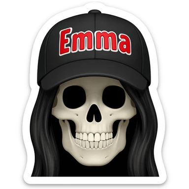 Create a skeleton head wearing a black baseball cap that says " Emma " in red, and white lettering, with long black hair sticker