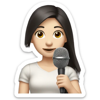 a girl with long black-brown hair, hazel eyes, pale skin, singing into a microphone sticker