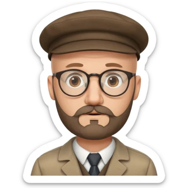 40's white male, bald with short full beard (salt and pepper color brown) with professor glasses and flat cap sticker