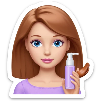 Barbie girl Chestnut Shoulder-length hair and blue eyes is In pale purple applying cream on face sticker