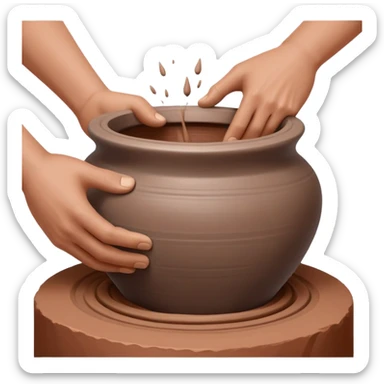 Close-up of two hands working from outside a clay vessel on a silver pottery wheel, both pinching and lifting the clay upward at the same spot to form the vessel wall sticker