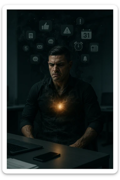 A highly realistic, cinematic image of a young man in his early 30s, sitting at a modern office desk under harsh artificial lighting, shoulders hunched, jaw clenched, and breathing shallowly, symbolizing how modern society forces people to live in a state of chronic tension and restricted breathing. Around him, faint black and grey visual elements represent notifications, deadlines, social media icons, and news alerts, swirling around his head like a chaotic storm, symbolizing societal pressure. His chest appears visually tight and compressed, and faint dark smoke emanates from his body, representing blocked breath and internalized stress. In contrast, a faint glowing light near his chest and abdomen tries to expand, symbolizing the innate desire of the body to breathe freely and deeply. The environment is cold and minimalistic, with a sense of stillness and tension, captured in a hyperrealistic 35mm film style with muted colors, focusing on the man's tense posture and restricted breathing to reflect the unseen burden of modern living. in italiano sticker