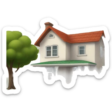 create a cut looking house in a cartoon style with simple features. The house should have cream siding, a red-ish/terracotta roof and a green tree beside the house sticker