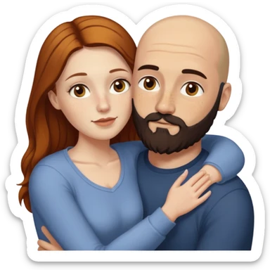 Couple. Bald man with dark brown-black beard. White woman with many small, faded freckles, she has white skin and she has auburn-yellow-brown-cinnamon, dark long hair. She has light brown eyes. The man have hazel eyes. Retro style. They hug. sticker