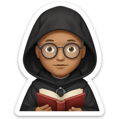 Monk priest prayer black habit with hood round black glasses done light brown wavy hair under hood remove the medallion smaller more round glassed age 46 no necklace more oval face hand holding book that says RB 480 sticker