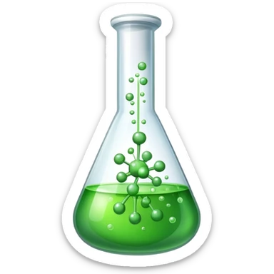 An icon featuring a chemical flask, bubbling with liquid, and an atomic structure, symbolizing chemistry. The design includes molecules, a periodic table, and laboratory equipment, representing the study of chemical reactions and elements. Transparent background highlights scientific research. sticker