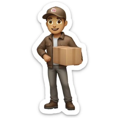 Delivery boy, full body, light skin tone, wearing brown cap and brown jacket, UPS delivery company uniform loading a package without background sticker