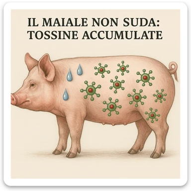 realistic illustration of a pig seen in profile with barred sweat drops and green/red toxin molecules accumulating inside the body, neutral background, Italian text: 'Il maiale non suda: tossine accumulate', 4K quality sticker