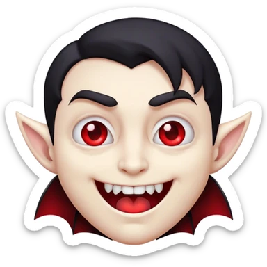 Cinematic Cute Vampire Portrait Emoji, with a refined yet playful small, rounded pale face accented by tiny, cute fangs and bright, twinkling eyes, sporting miniature elegant dark attire with a hint of crimson, simplified yet irresistibly charming, highly detailed with a soft glowing outline that captures the delightful duality of spooky sweetness and stylish allure! sticker