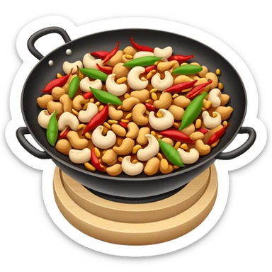 Kung Pao Chicken with peanuts and dried chilies in wok, simplified emoji style with bold outlines and bright colors, cartoon style Gongbao Jiding classic stir-fry sticker