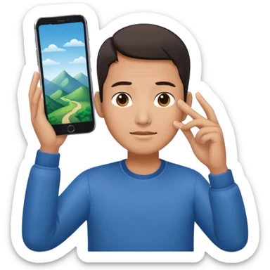 a chinese holding 1 smartphone with both hands in landscape mode(horizontally) on top of his forehead sticker