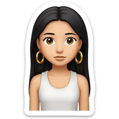 Create an ios iphone emoji of a girl with black long straight layered hair with dark brown eyes, caramel coloured skin colour and wearing a white tank top and wearing small gold hoop earings sticker