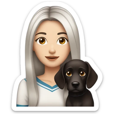 One white women with long dark brown hair and long eyelashes dark brown eyes and thick dark brown eyebrows with one black dog with a white stripe on the neck and ears raised up sticker