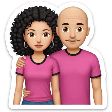 A picture if a couple, the man is a bald Mexican man with a black tee shirt on and the woman is mixed with black and white, with curly hair and a pink shirt on sticker